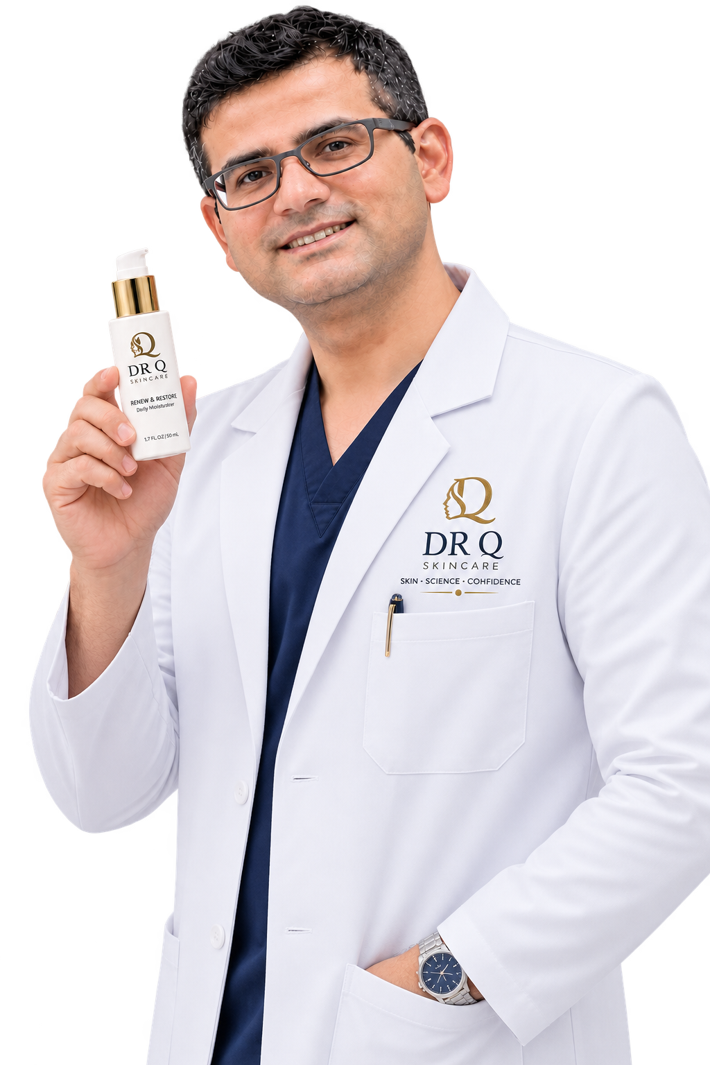 Dr. Usman Qureshi, a confident British-Pakistani male dermatologist in his 40s wearing a clean white coat, standing in a bright modern clinical office holding a sleek minimal skincare bottle, looking directly at camera with a warm authoritative smile