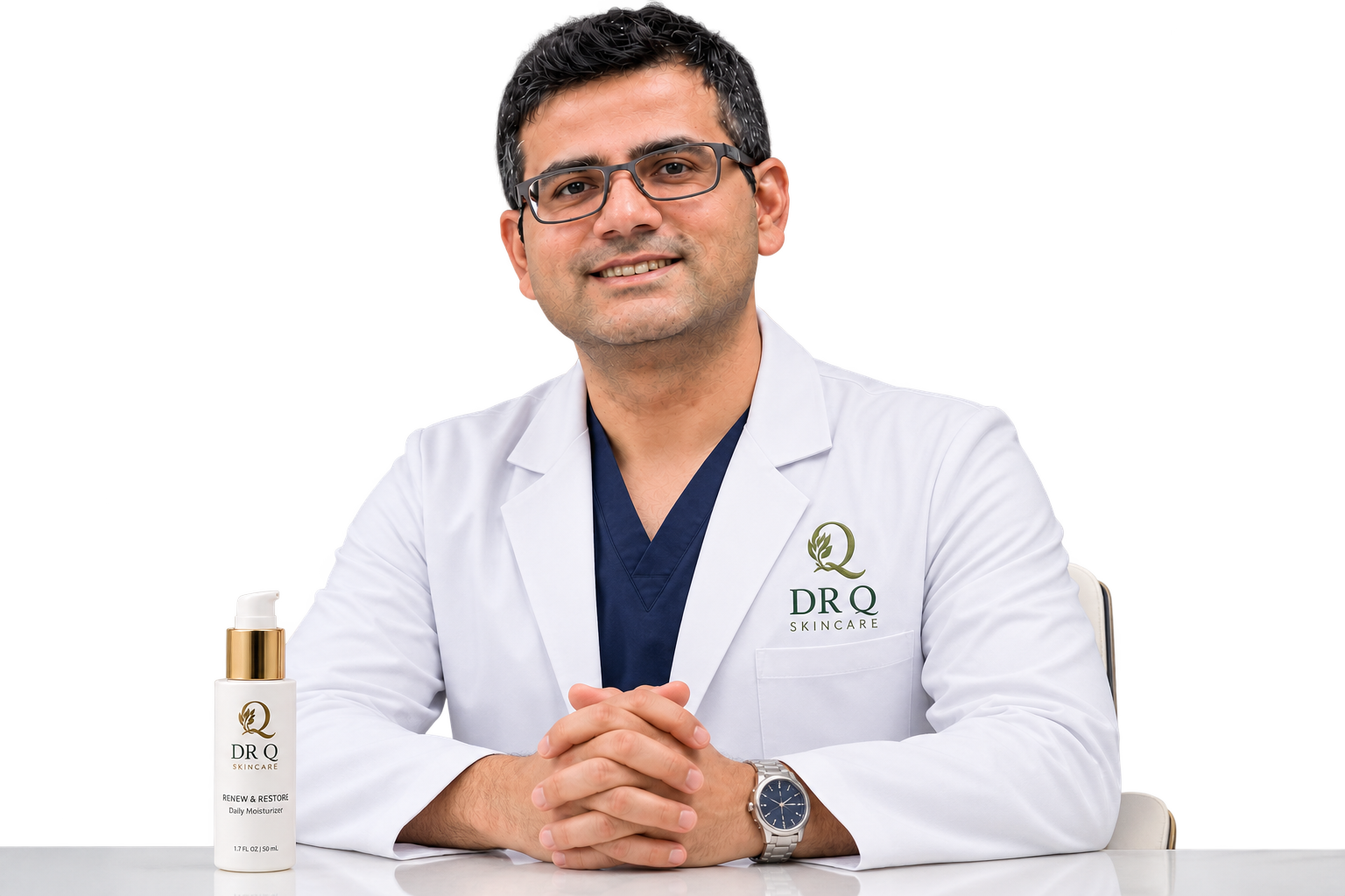 a professional male doctor in his 40s wearing a white coat sitting at a clean modern desk with skincare ingredient samples and notebooks around him, looking directly at camera with a warm confident smile in a bright clinical office