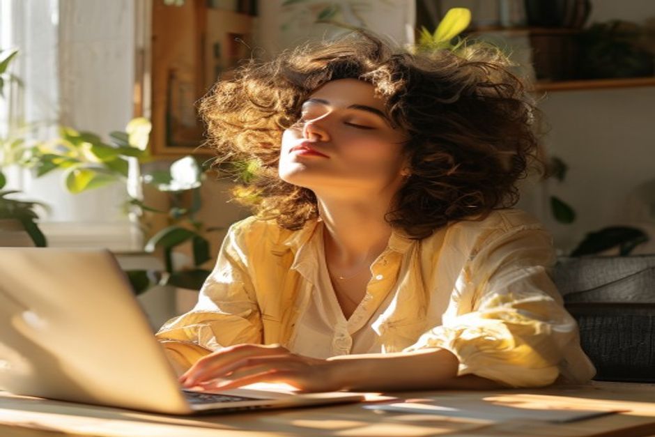 a focused woman in her early 30s sitting at a clean desk with a large monitor showing a design project, warm lamp light, coffee beside her laptop, calm and confident expression — the look of someone who knows exactly what's coming into her account this month