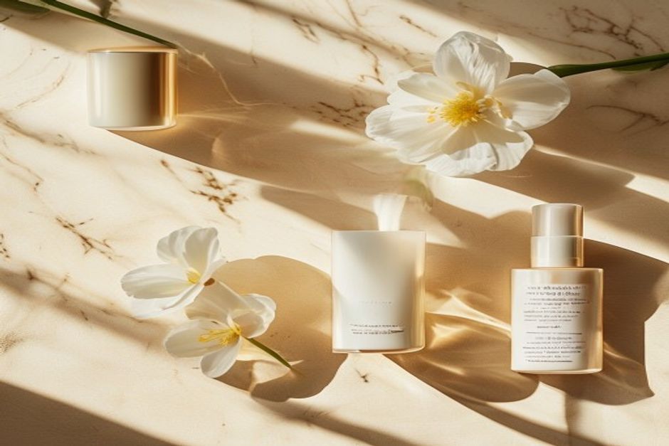 a flat-lay of elegant minimal skincare packaging in cream and gold tones on a marble surface with a single white flower and soft natural light casting gentle shadows