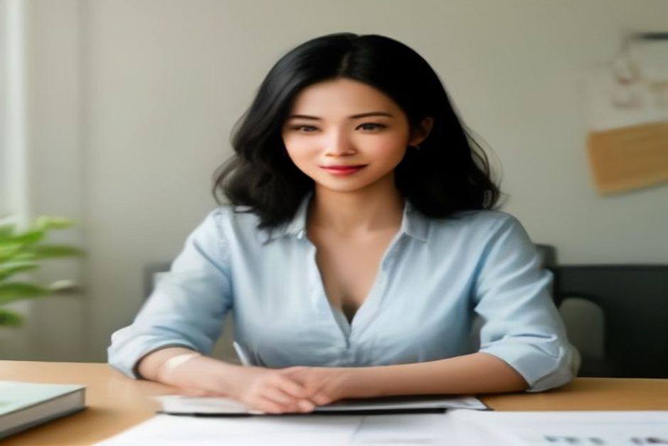 Blurred background photo of a person working at a desk with a laptop, warm neutral tones