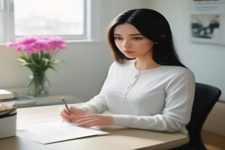 a woman in her mid-thirties sitting at a clean white desk, reviewing a professional contract document on her laptop, looking calm and confident in a bright, minimal home office