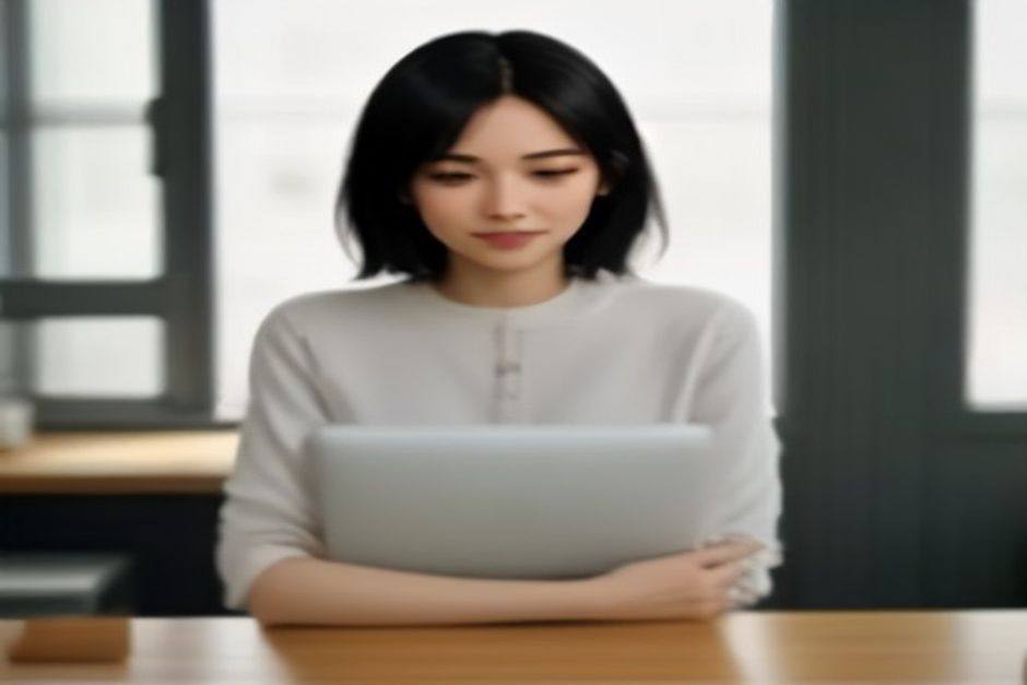 a confident woman in her mid-30s sitting at a clean white desk with a laptop open, smiling as she types her website copy into a document, natural light from a window beside her, modern home office setting, relaxed and accomplished mood