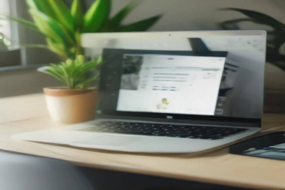 A laptop screen showing an open email inbox with a bold subject line reading 'Here's your Ultimate Business Bundle — open me first', surrounded by a clean desk with a coffee mug and a small succulent, warm natural light, organized and ready-to-work feeling